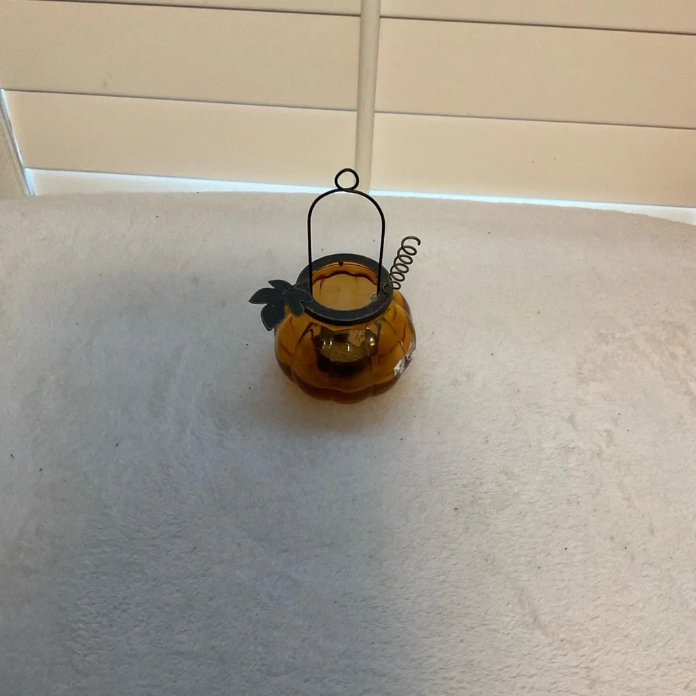 Amber Glass Pumpkin Lantern with Metal Accents